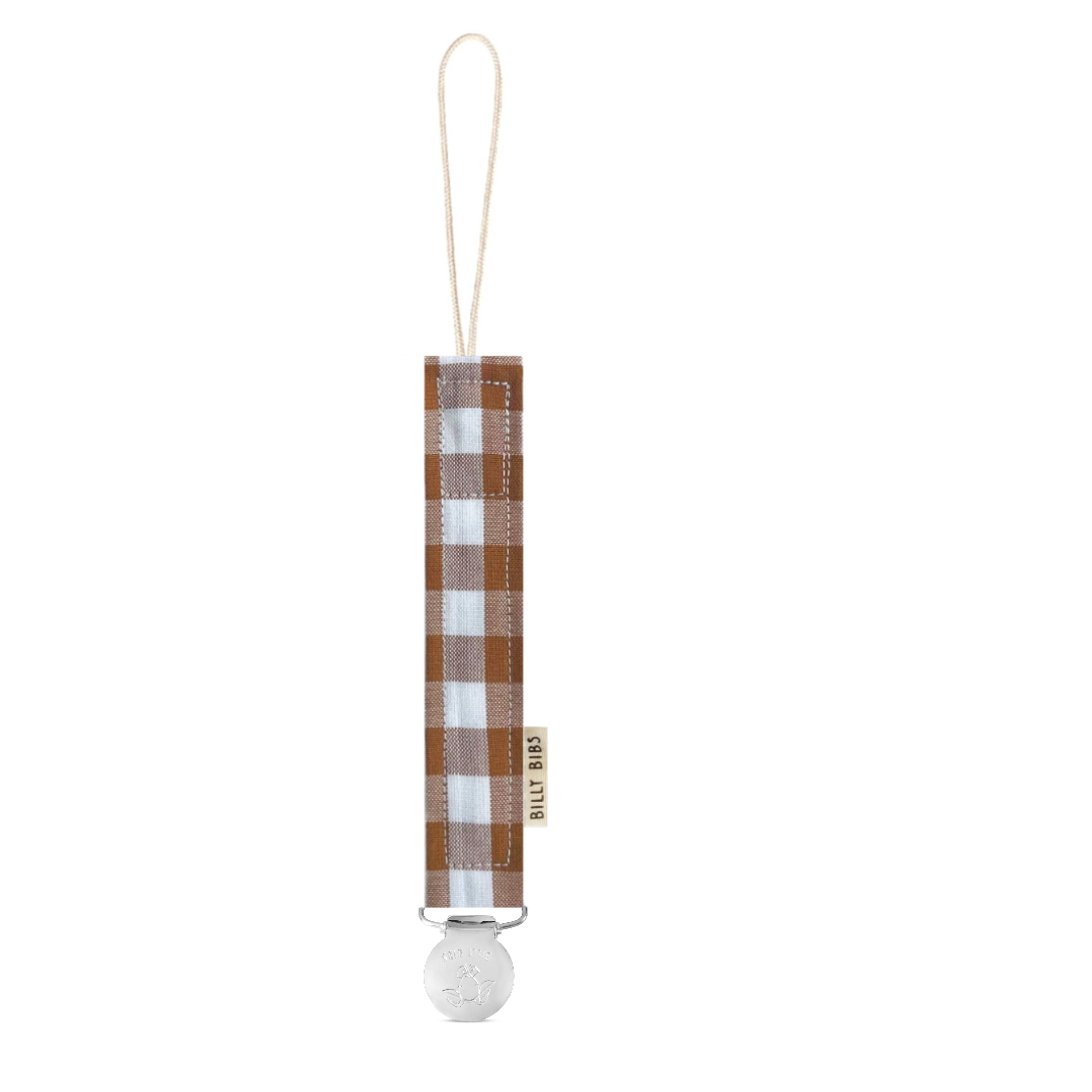 Brown Gingham Pacifier Clip
